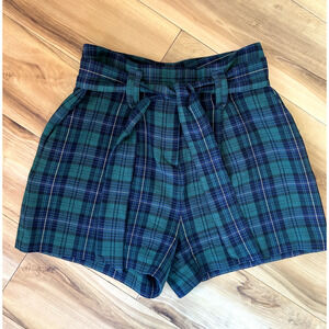 Sezane Lucas Shorts Green Plaid Dressy Green Blue Tie Waist Size 36 US 4 EUC